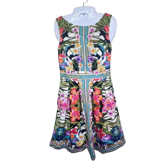 MAGGY LONDON Sleeveless Fit & Flare Short Dress Multicolor Floral Tropical Sz 4 - Picture 2 of 11